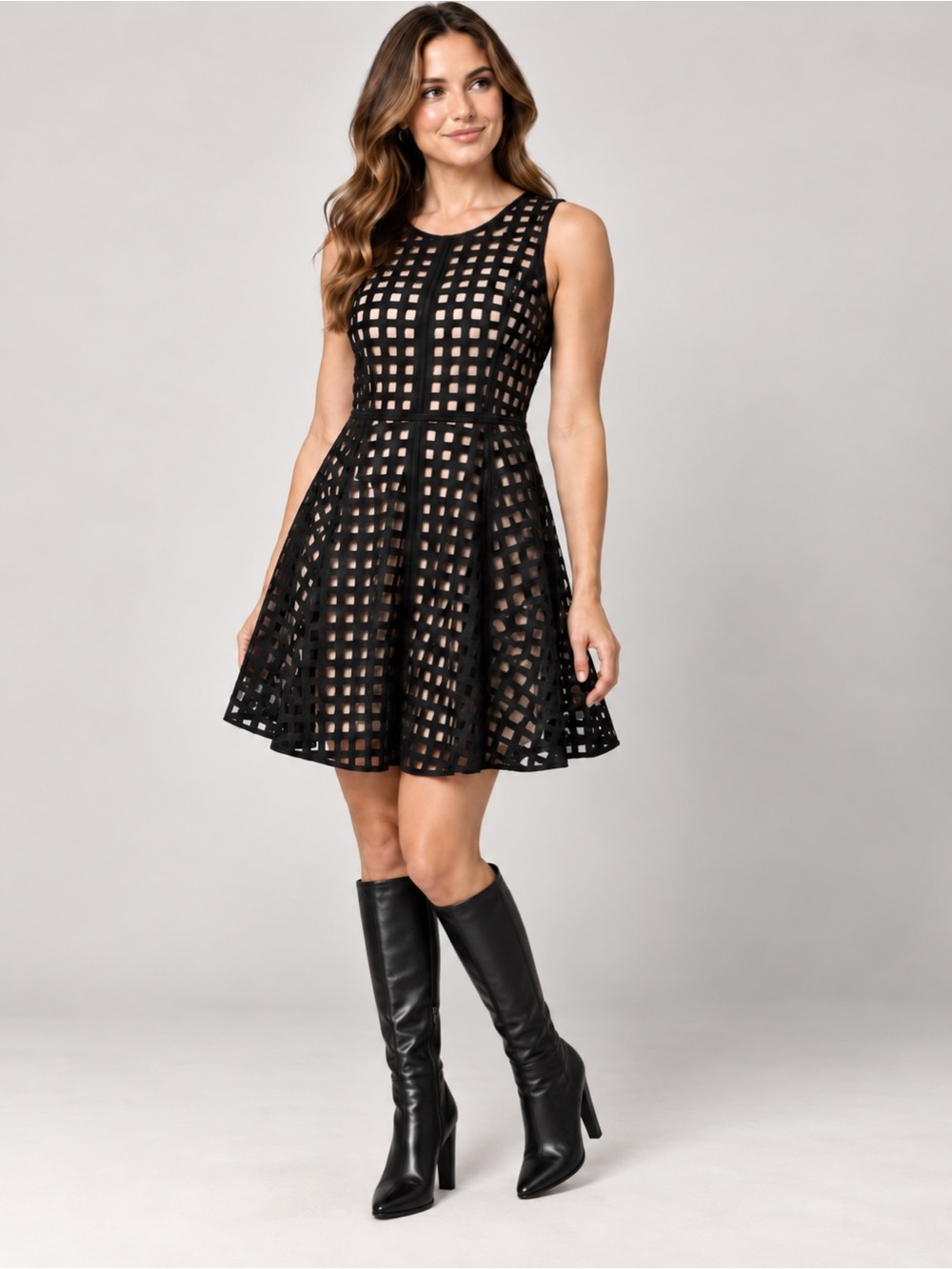 Bar III Black Geometric Mesh Fit & Flare Dress M